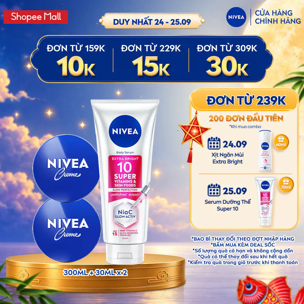 Combo Dưỡng Sáng, Ẩm Mịn Da NIVEA Gồm Serum Dưỡng Thể Super 10 300ml & Kem Dưỡng Ẩm Creme 60ml/30ml 93824/80101/80102