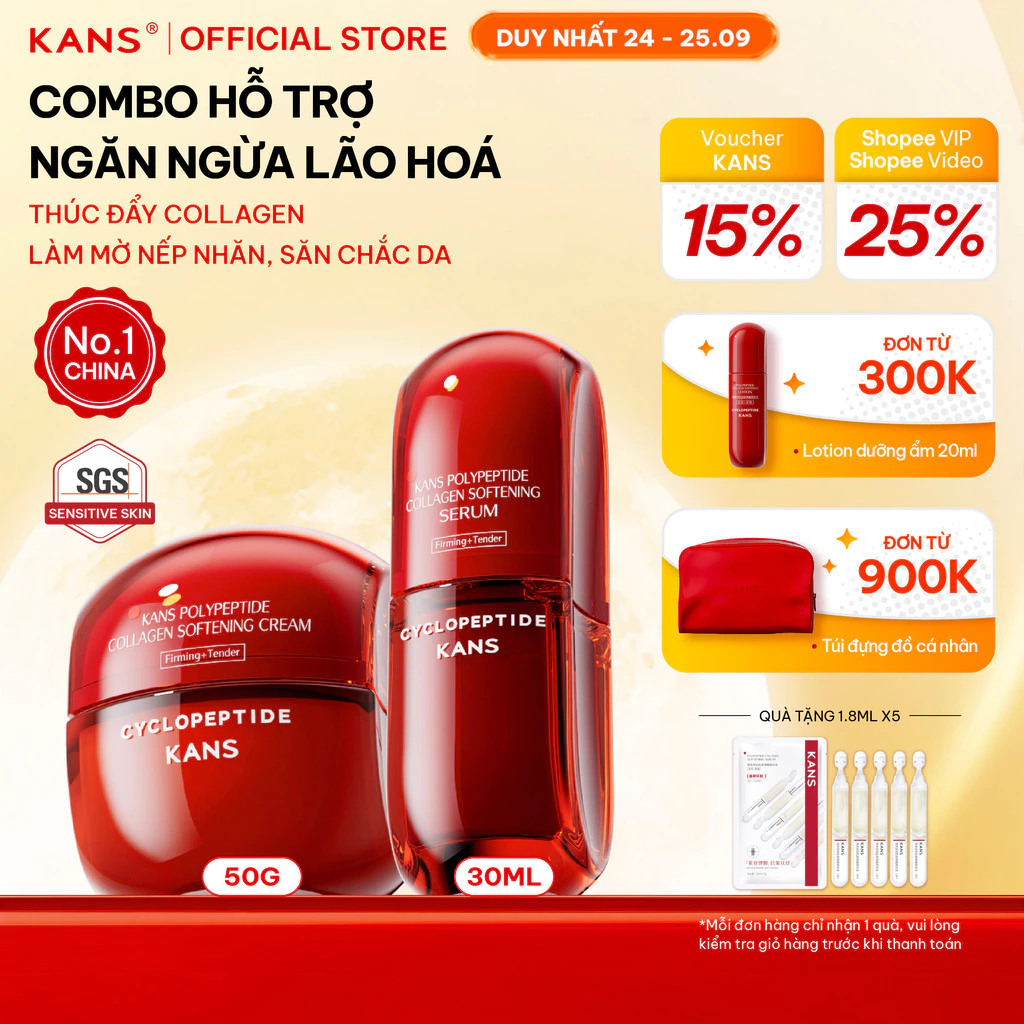 KANS Combo chống lão hóa Serum - Kem Dưỡng giúp Dưỡng Ẩm, Làm Mờ Nếp Nhăn, Đốm Nâu, Phục Hồi, Săn Chắc Da 30ml+50g