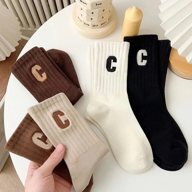Tất Vớ Cổ Cao Nữ Họa Tiết Chữ C Vải Cotton Mềm Mịn Co Giãn Thời Trang