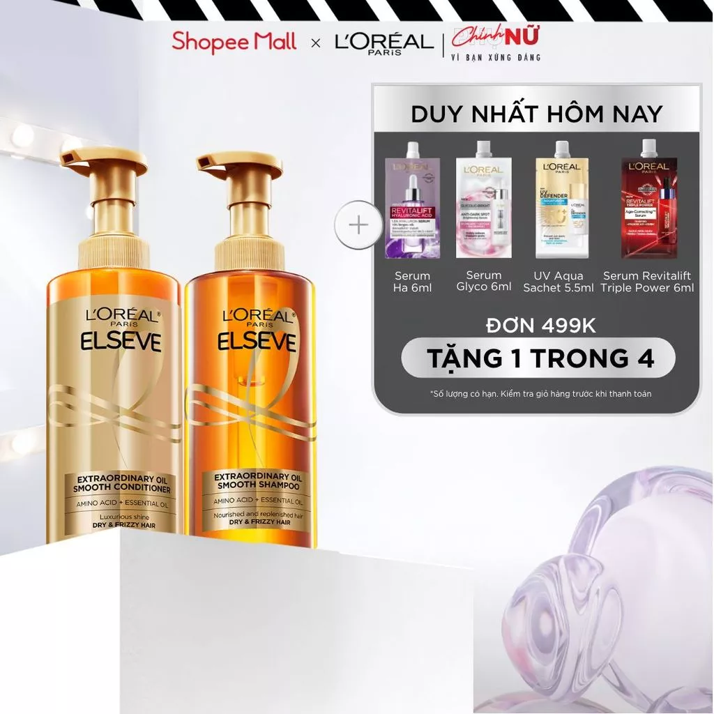 Bộ gội xả dưỡng tóc suôn mượt cao cấp L'Oreal Paris Extraordinary Oil Smooth 440ml x2