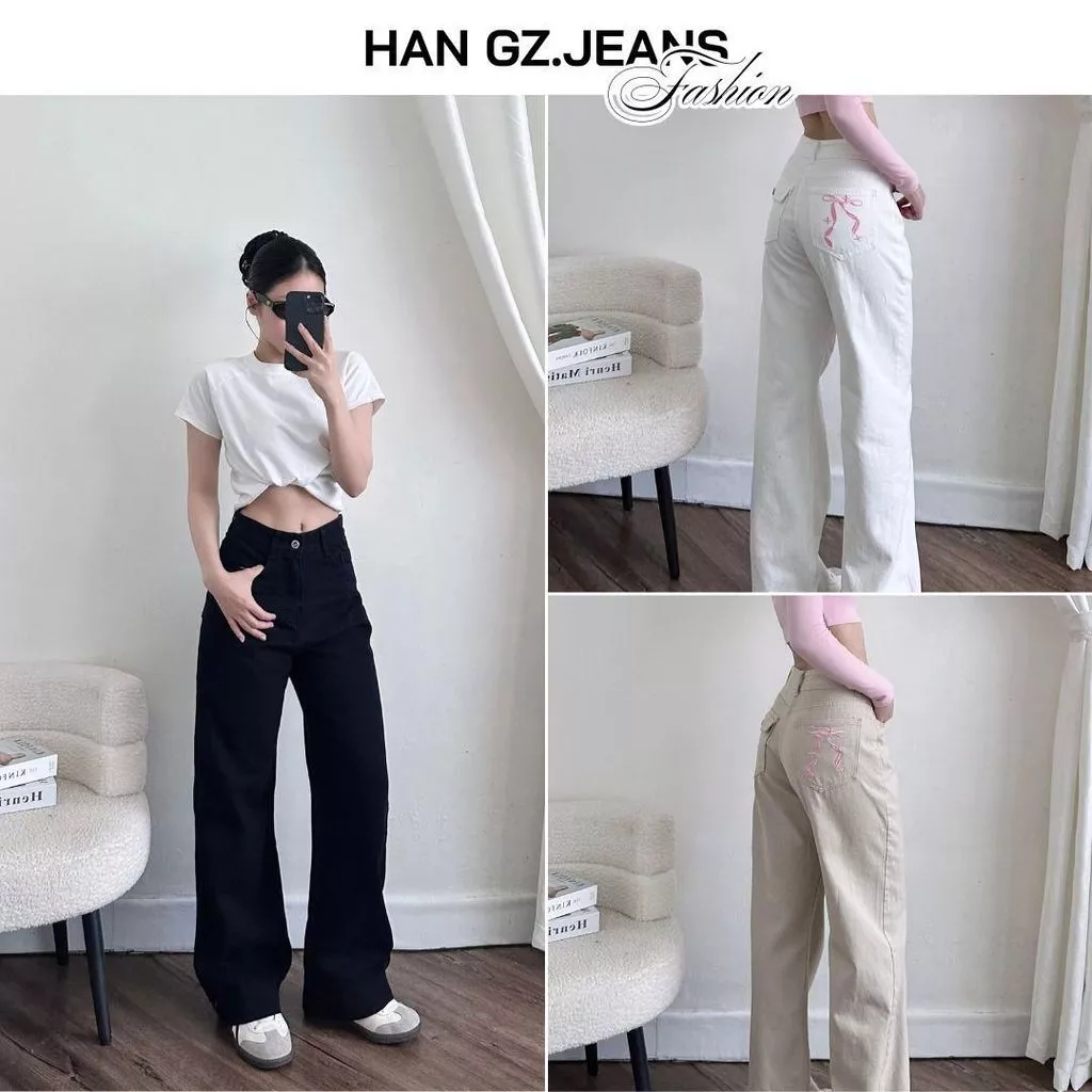 Quần Jean Nữ HAN.Gz Nơ Hồng R011 Ống Rộng Lưng Cao Thiết Kế Túi Sau Thêu Điểm Nhấn, Phù Hợp  Thời Trang