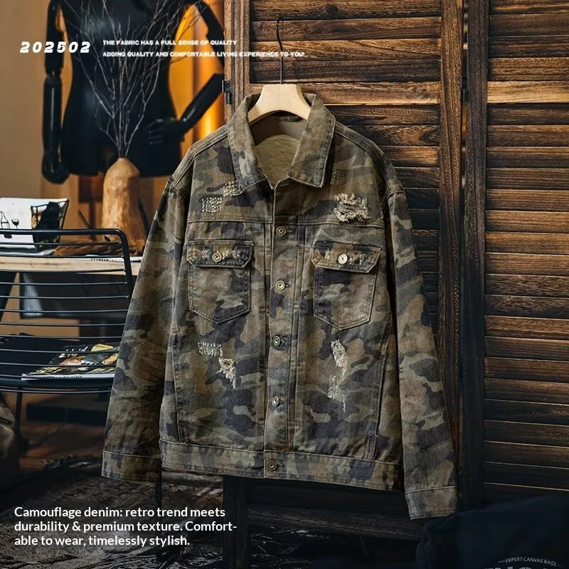 Áo khoác Denim Ngụy trang Retro Quần jean rách dáng rộng Hàng hóa Áo khoác Mỹ