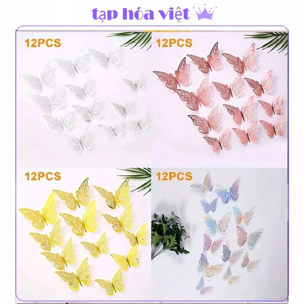 (2 GÓI) SET 12 BƯỚM GIẤY 3D trang trí bánh kem, trang trí nhà cửa, trang trí lễ hội