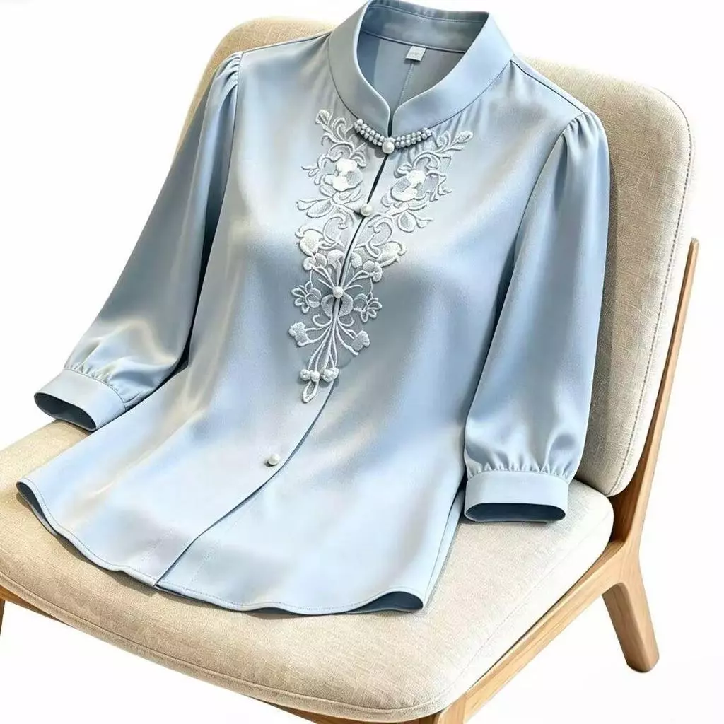 Áo Sơ Mi Lụa Tay Ba Phần Tư Lụa Satin Phong Cách Trung Hoa Nút Thêu Phong Cách Tính Khí Thời Trang Phù Hợp Với Hàng Ngày Đi Lại Mặc