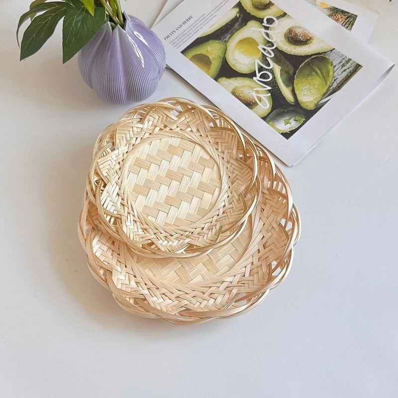 [Sản phẩm mới] Giỏ dệt bằng tre Khay đựng đồ dệt bằng tre ren Giỏ tre Khay đựng đồ ăn nhẹ Giỏ rau quả Khay sấy trái cây khô rỗng