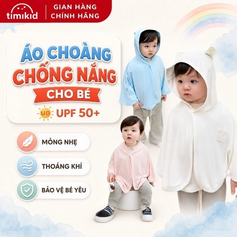 Áo Choàng Chống Nắng Cao Cấp UPF 50+ Cho Bé - Chất Lụa Băng Thoáng Khí, Mỏng Nhẹ - Timikid