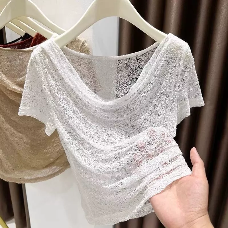 Áo thun nữ ngắn tay ren trong suốt màu trắng đen đỏ burgundy be nâu nhạt cổ chữ U hở vai mềm mại thoáng mát mùa hè