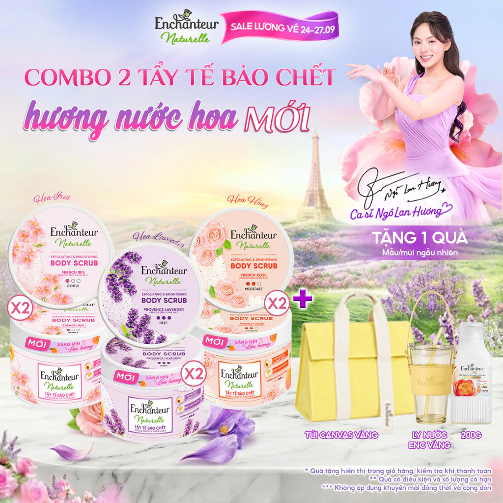 Combo 2 Tẩy tế bào chết thành phần thiên nhiên 100% từ Pháp Enchanteur Naturelle dưỡng da sáng mịn lưu hương 250g