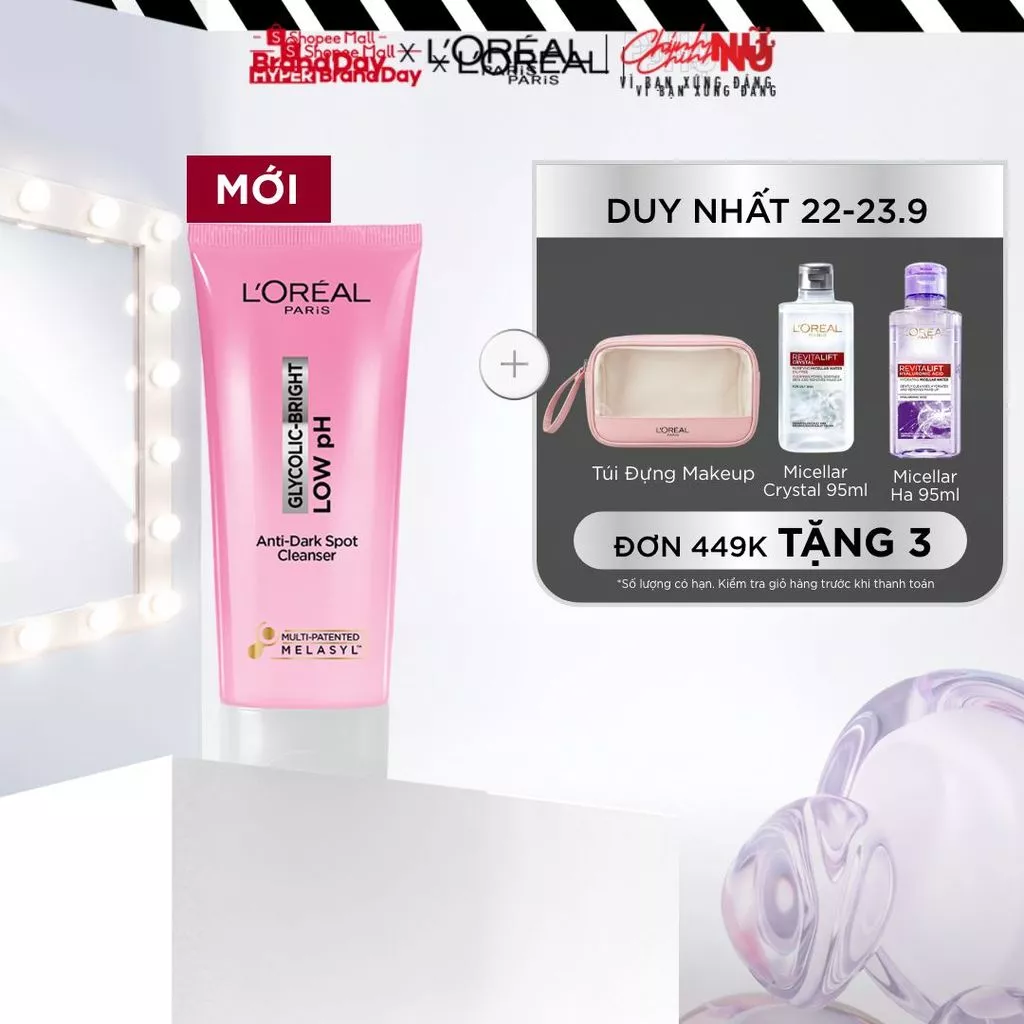 [MỚI] Gel rửa mặt dưỡng sáng dịu nhẹ cho cả da nhạy cảm L' Oréal Paris Glycolic-Bright Low PH Cleanser 90ML