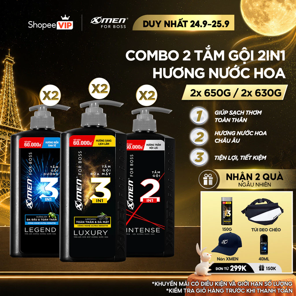 Combo 2 Tắm Gội X-Men for Boss 630g 650g/chai Luxury/Intense/Legend, Hương Nước Hoa Châu Âu