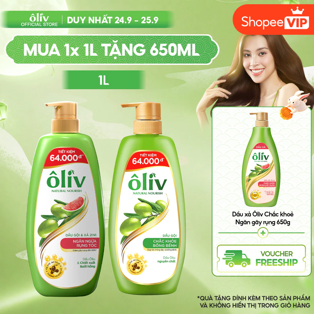 [VOUCHER SVIP 20%] Dầu Gội Xả ÔLIV 2IN1 Ngăn Gãy Rụng/Chắc Khỏe Bồng Bềnh 1L Tặng Dầu Xả Ngăn Gãy Rụng 650ML