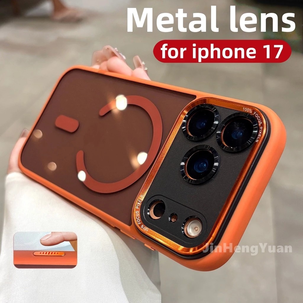 Vòng ống kính kim loại màu cam Vỏ điện thoại từ tính trong suốt cho IPhone 17 16 15 14 13 12 Pro Max 17air Plus Ốp lưng cứng Vỏ chống sốc