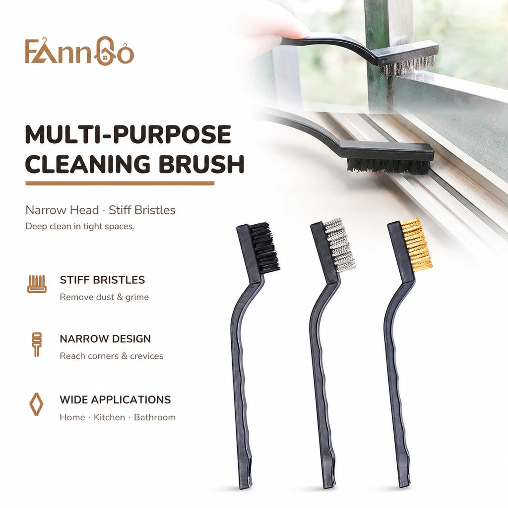 Bộ bàn chải dây Mini 3 mảnh Fanngo để loại bỏ rỉ sét, làm sạch và đánh bóng - Bàn chải lông bằng thép không gỉ, đồng thau và Nylon để làm sạch bề mặt nhà bếp, kim loại và nhỏ
