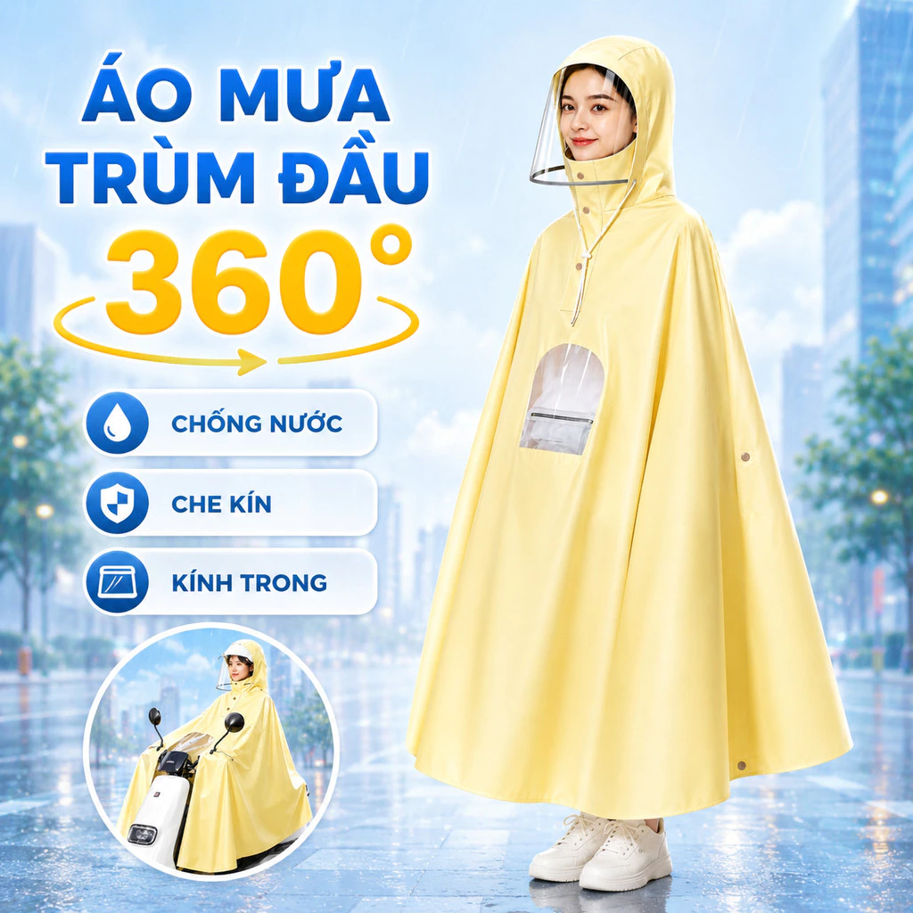Áo Mưa Chùm Đầu 360 Độ Size 5XL, Vải Oxford Cao Cấp, Chống Thấm Nước Che Kín Toàn Thân Khi Đi Xe Máy