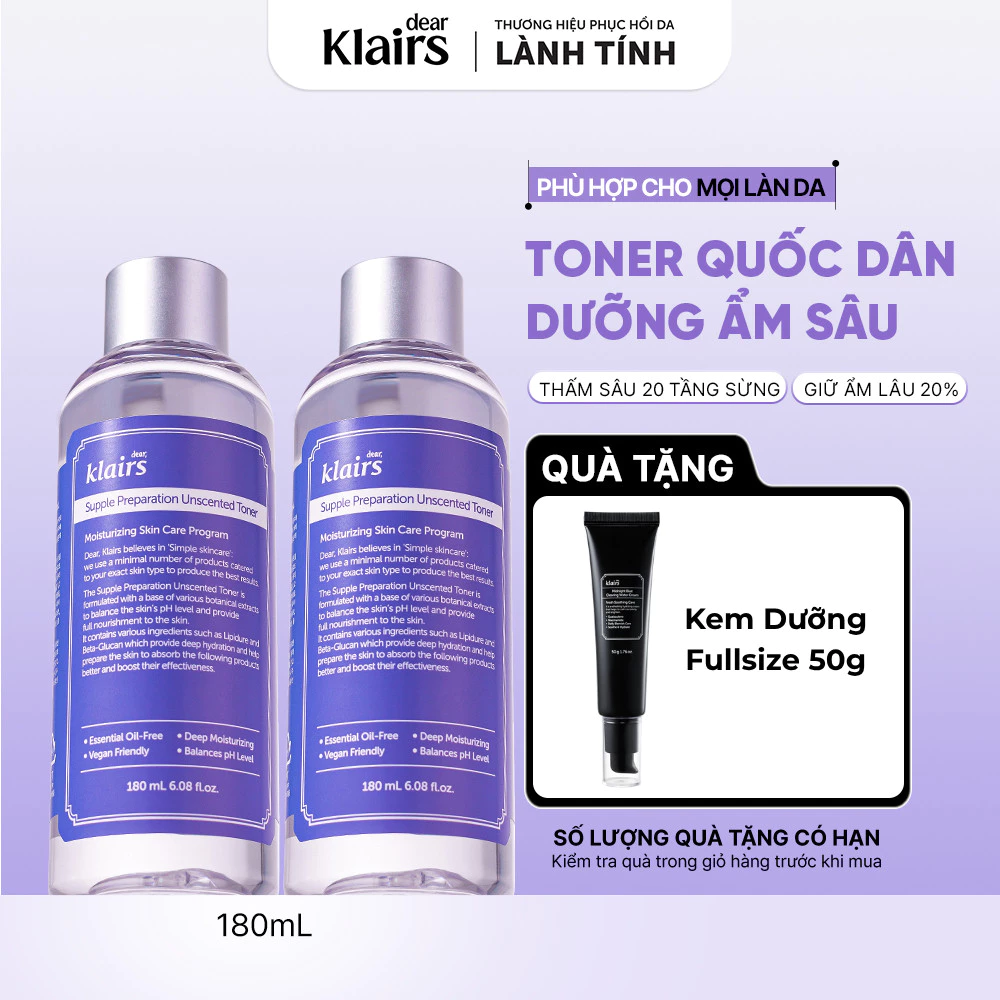 Combo 2 Nước hoa hồng Dear, Klairs Supple Preparation Unscented Toner cấp ẩm hỗ trợ làm sáng da 180ml [FS]