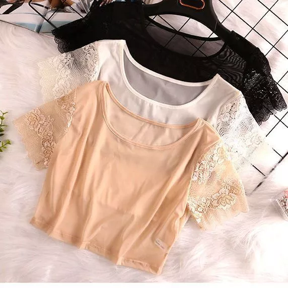 Áo lót nữ tay ngắn lưới mỏng màu trắng ren viền eo lộ bụng ôm sát chất liệu nhẹ thoáng