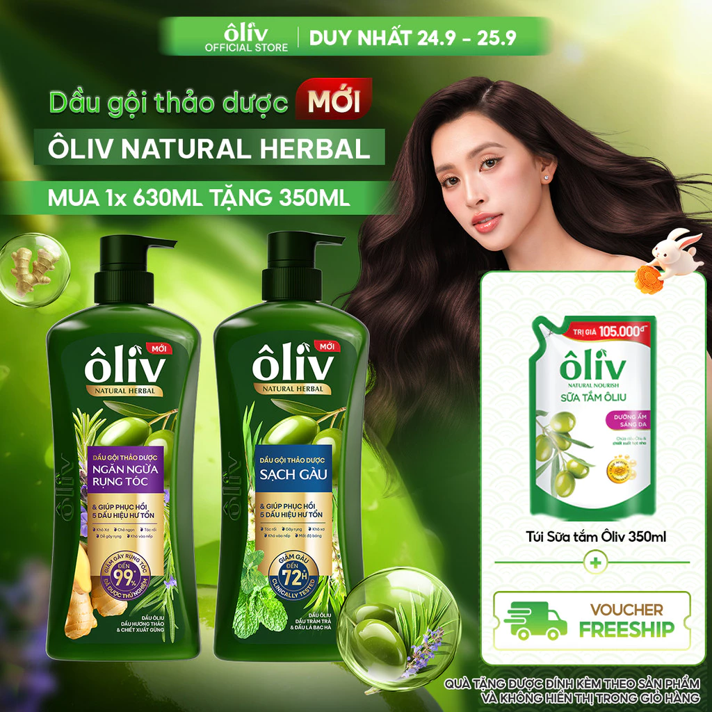 [MỚI RA MẮT] Dầu Gội Thảo Dược Ôliv Natural Herbal Ngăn Gãy Rụng/Sạch Gàu 630ML + Tặng Túi 1 Sữa Tắm Dưỡng Sáng Da 350ML