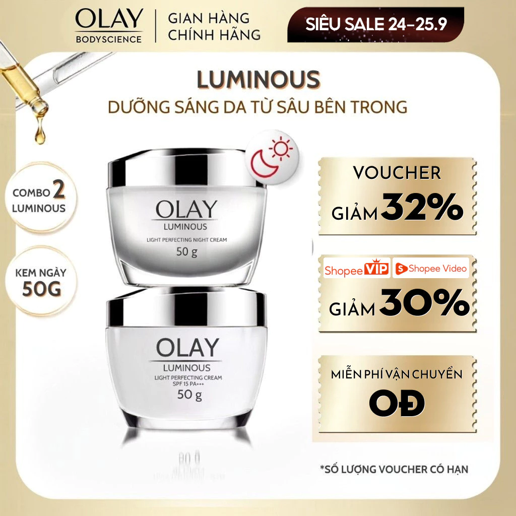 [OLAY] Combo Kem Dưỡng Da Ban Ngày + Ban Đêm OLAY Luminous Sáng da Mờ Thâm Nám 50g