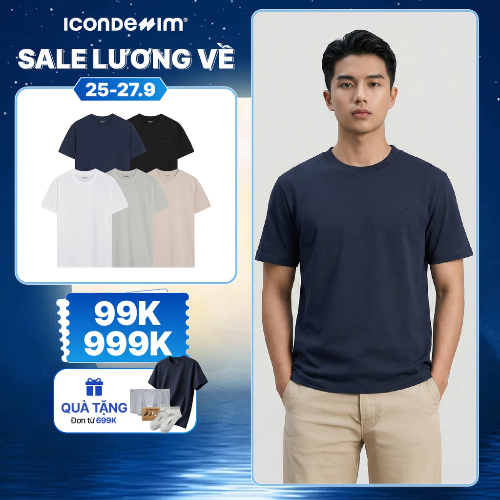 Áo Thun Unisex Cotton Cổ Tròn ICONDENIM Form Suông Basic Tee. Co Giãn 4 Chiều ATID0122