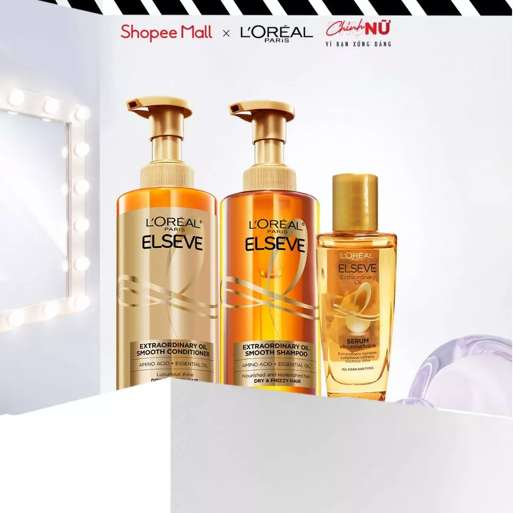 Bộ gội xả dưỡng tóc suôn mượt tóc cao cấp L'Oreal Paris Sleek 440ml x2 & Dầu dưỡng chiết xuất tinh dầu 30ml