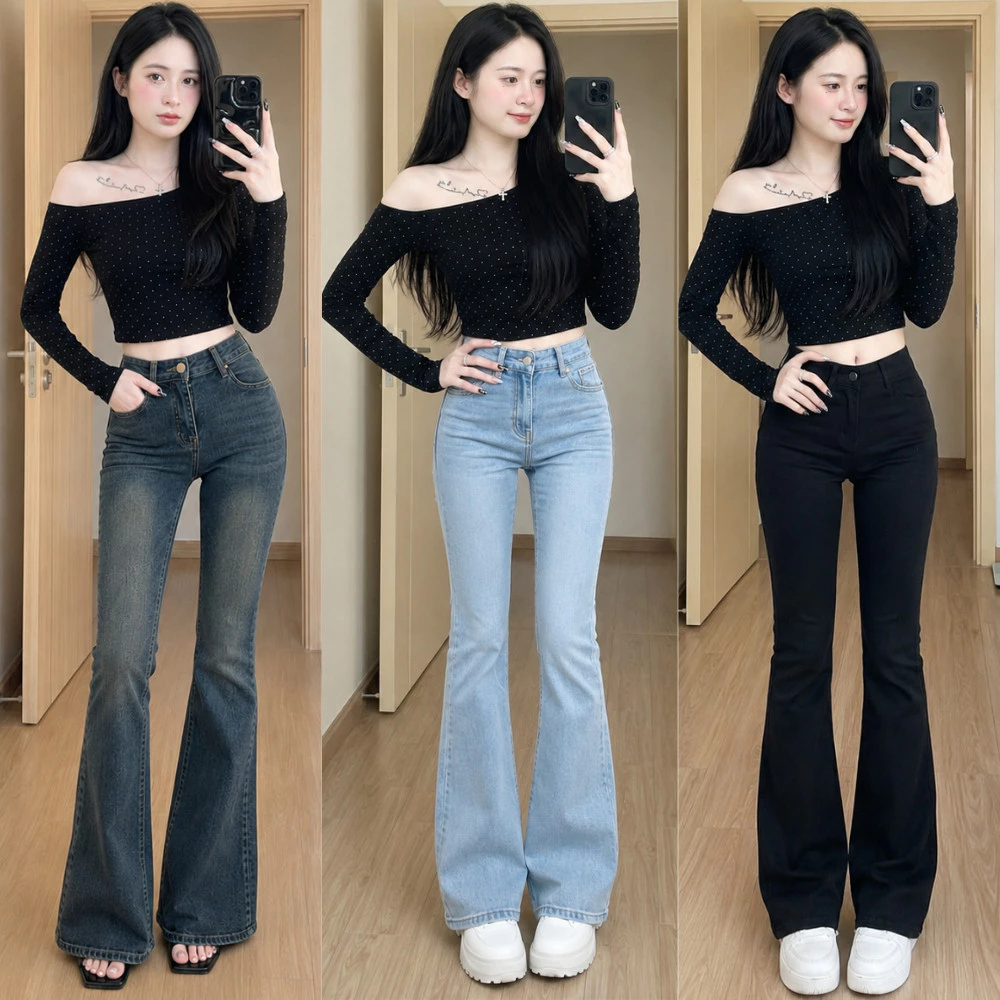 Quân bò jean nữ ống loe MIAA Cạp Cao Đứng Co Giãn 4 chiều Màu RETRO, quần bò loe đen dài nữ cạp cao cực tôn dáng_Q21