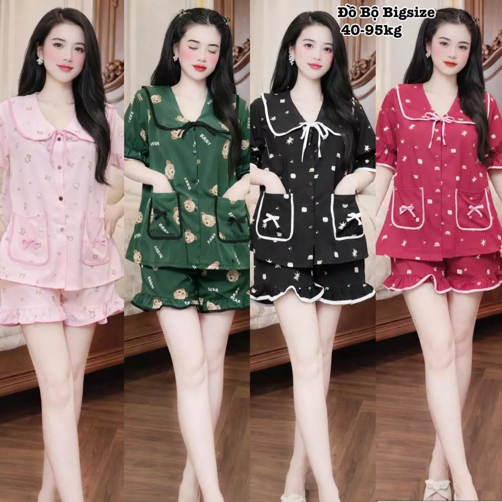 Đồ Bộ Bigsize Nữ Xinh - Đồ Ngủ Pijama Bigsize Mặc Nhà Đùi Viền Bèo Tiểu Thư 2 Túi Nơ Vải Lụa Cao Cấp Xinh 50-100kg 2602