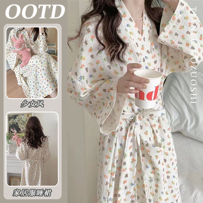 Áo Kimono Nhật Bản Bộ Đồ Ngủ Nữ Tất Cả Các Mùa Dài Tay Bộ Đồ Ngủ Thiết Kế Dây Đeo Đồ Ngủ Người Phụ Nữ Mặc Ban Đêm Mặc Nhà Áo Tắm