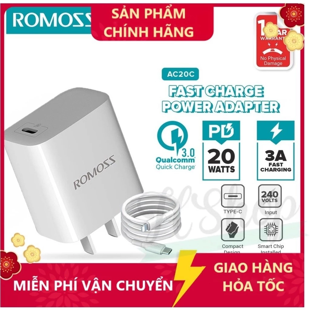 Bộ Sạc Nhanh 20W Romoss AC20C PD20W USB-C Hỗ Trợ QC3.0 PD cho 14 pro max 13 12 11 x xs xr max 8p plus