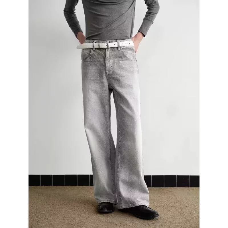 Nam Y2K Quần jean ống rộng màu xám khói cổ điển của Mỹ, Quần Denim dài vừa vặn cho mọi trận đấu