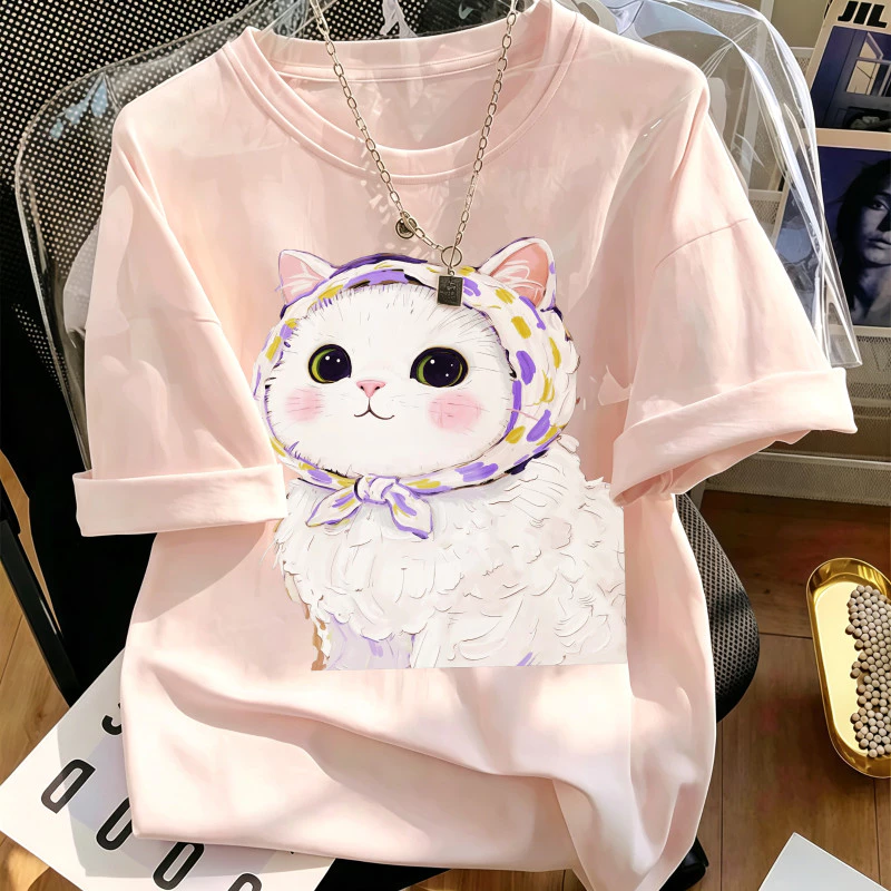 Áo thun nữ cổ tròn form rộng cotton thoáng mát in họa tiết thời trang basic mặc hàng ngày phối đồ dễ size S‑XXXL#0030