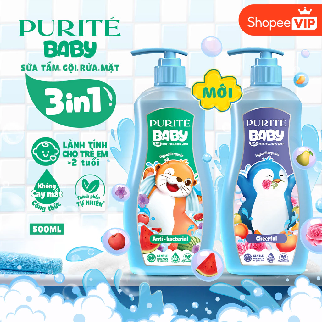 [VOUCHER SVIP 20%] [MỚI RA MẮT] Sữa Tắm Gội Rửa Mặt 3in1 Purité Baby Kháng Khuẩn/ Vui Nhộn 500ML