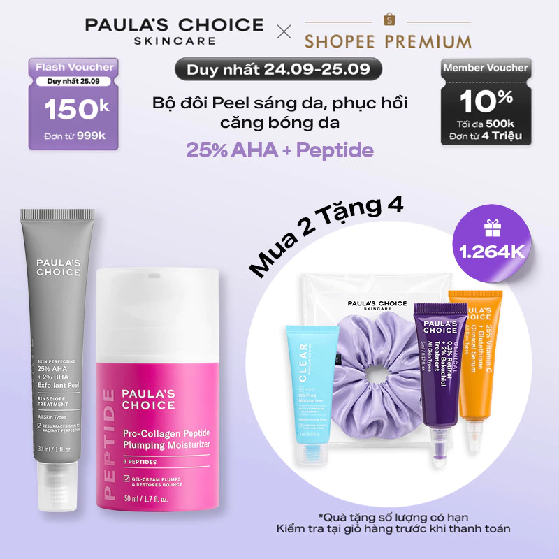 Bộ đôi peel sáng da & phục hồi cho da căng bóng 25% AHA + 2% BHA Peel & Pro-collagen Peptide Moisturizer 9560-1510