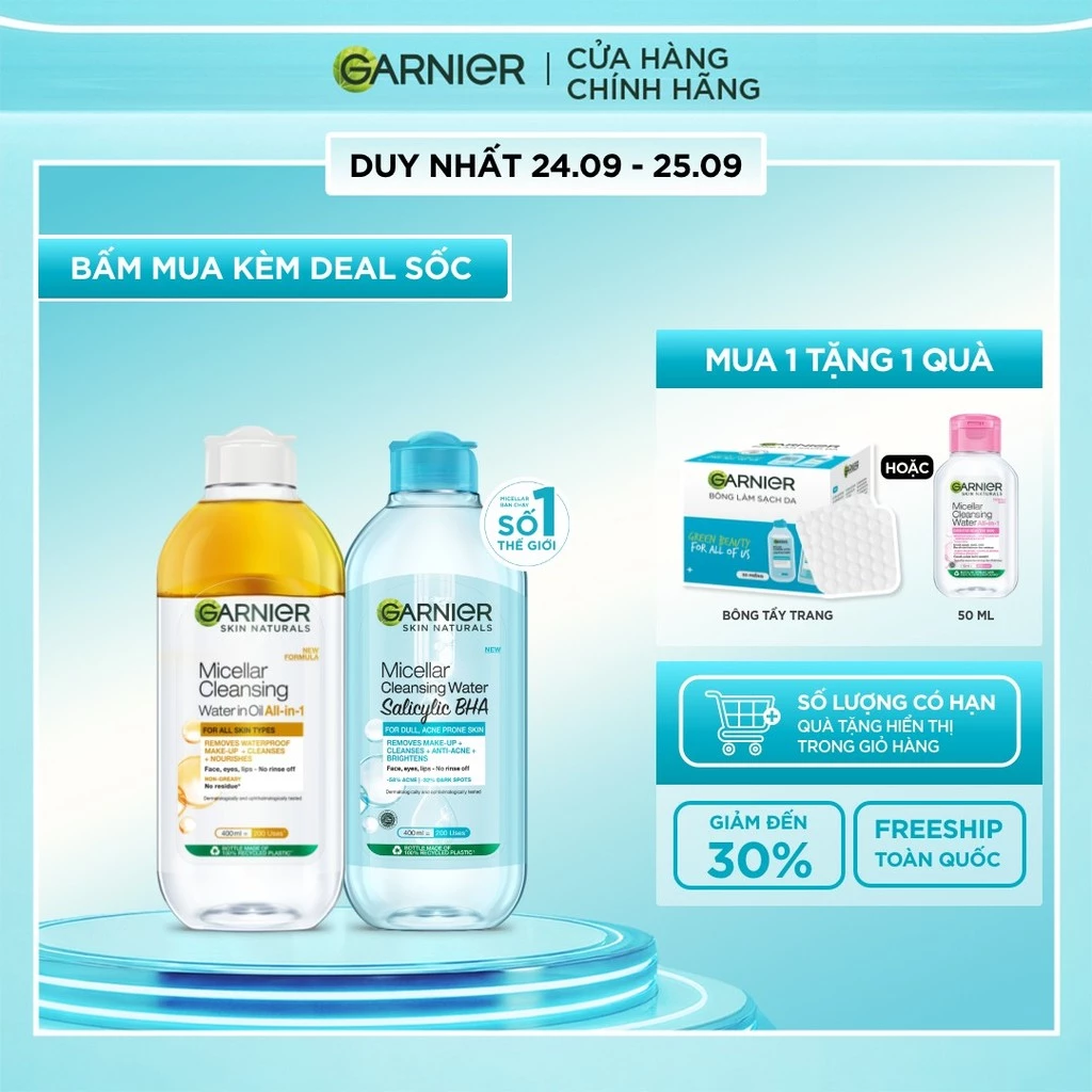 Bộ 2 Nước tẩy trang dành cho da dầu mụn & trang điểm Garnier Micellar Water (400mlX2)