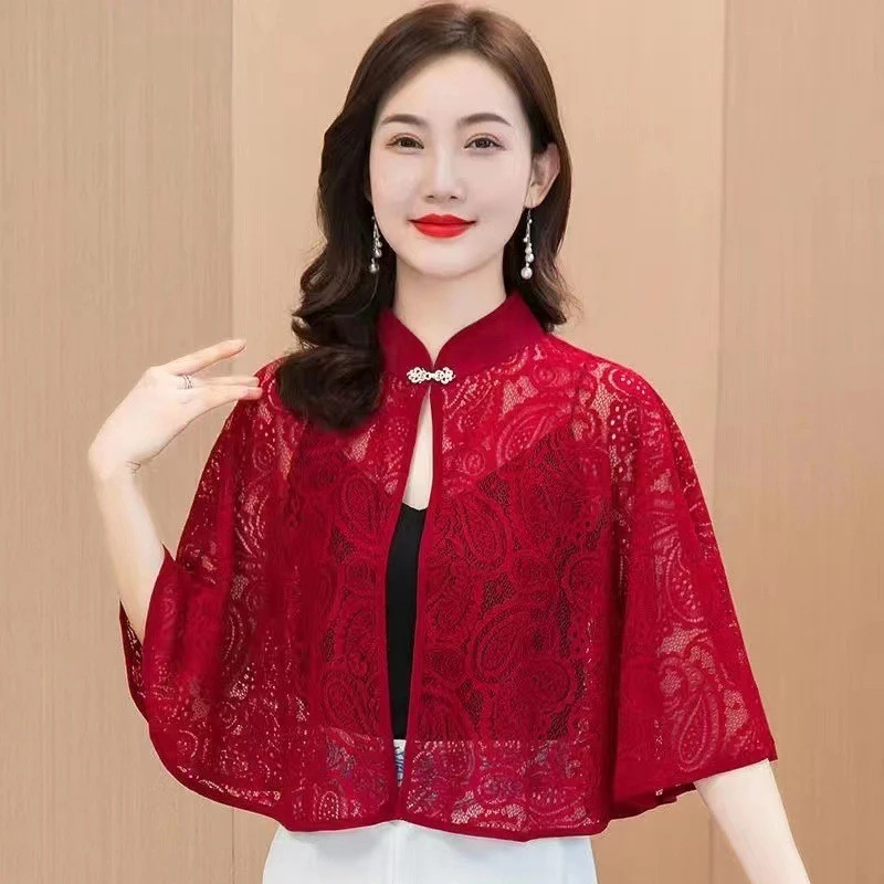 Giao hàng nội địa từ Việt Nam Phụ Nữ Trung Quốc Ren Mũi Sườn Xám Áo Ngoài Đứng Cổ Rỗng Ra Chống Nắng Khăn Choàng Mỏng Khăn Choàng Một Kích Thước Cardigan Che Cho Đầm Cưới Tiệc Tối