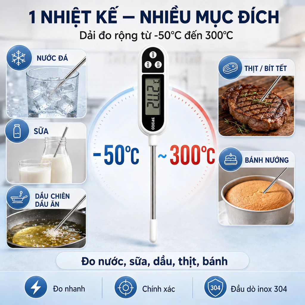 Nhiệt Kế Thực Phẩm Cho Làm Bánh, Sữa, Socola, Đầu Dò Inox 304, Đo Nhanh Chính Xác Từ -50°C Đến 300°C