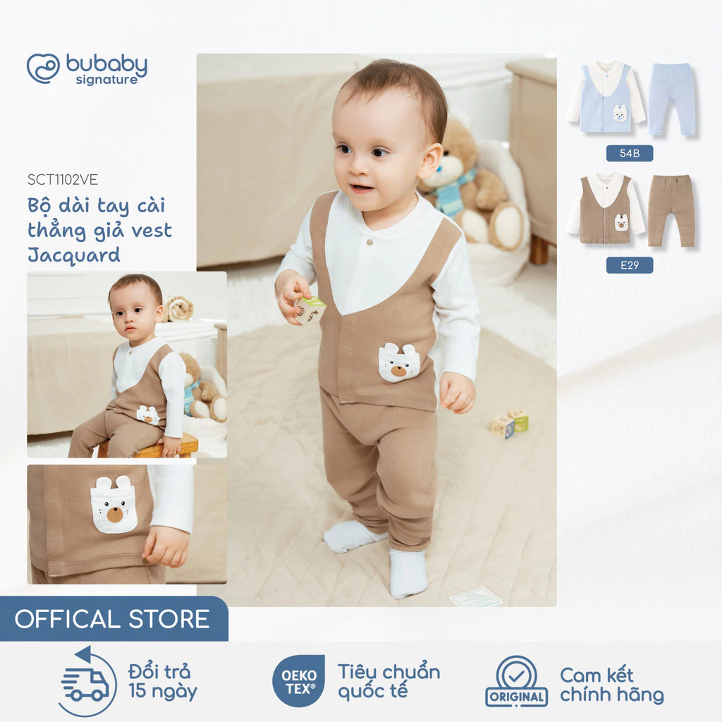 Bộ quần áo dài tay giả vest Jacquard BU Baby, bộ thời trang bé trai bé gái, bộ đồ sơ sinh | SCT1102VE