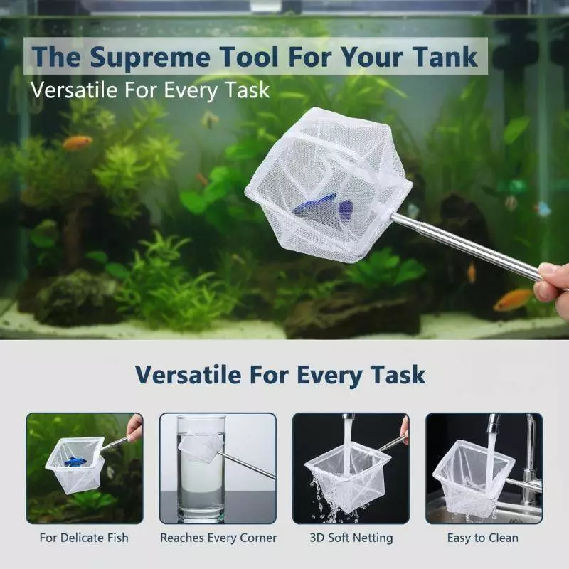 Lưới cá 3D mềm mắt lưới mịn INVN, cán dài inox, vợt vớt cá cảnh an toàn cho sinh vật thủy sinh dễ tổn thương