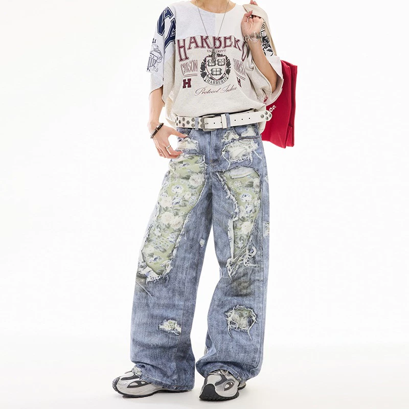 Quần jean ống rộng in họa tiết cổ điển kiểu Mỹ Unisex Thiết kế đau khổ Quần thẳng thông thường