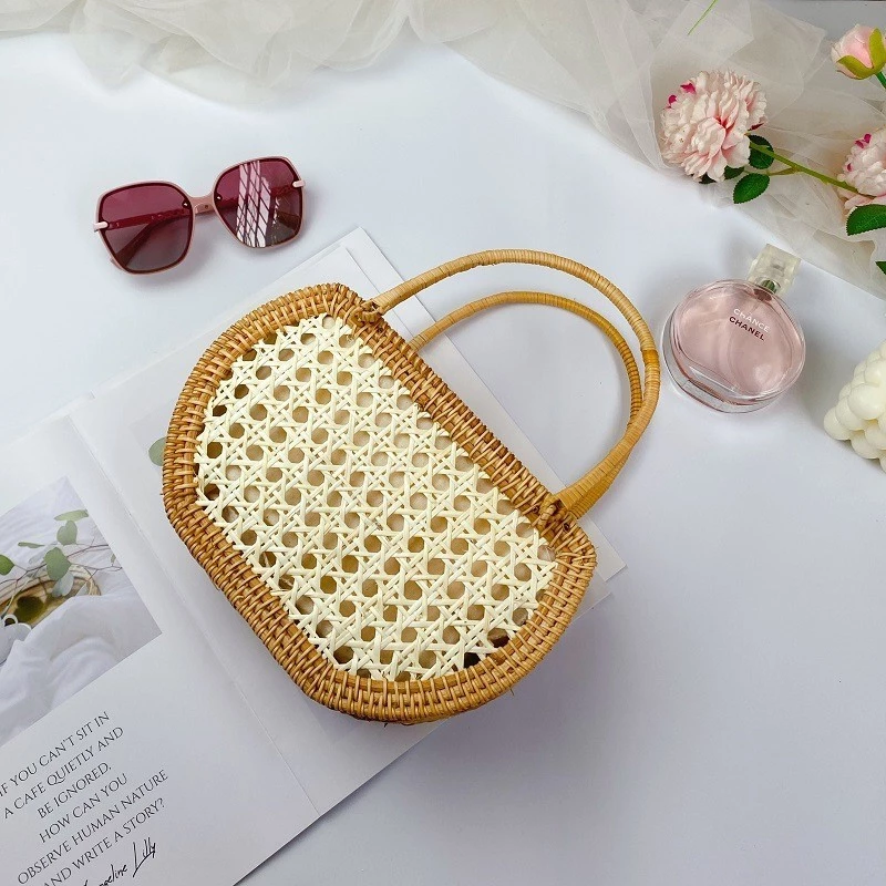 [Sản phẩm mới] Túi dệt tre mùa thu Pháp Mây Túi xách nữ Túi mây cầm tay dệt thoi Retro Rơm dệt