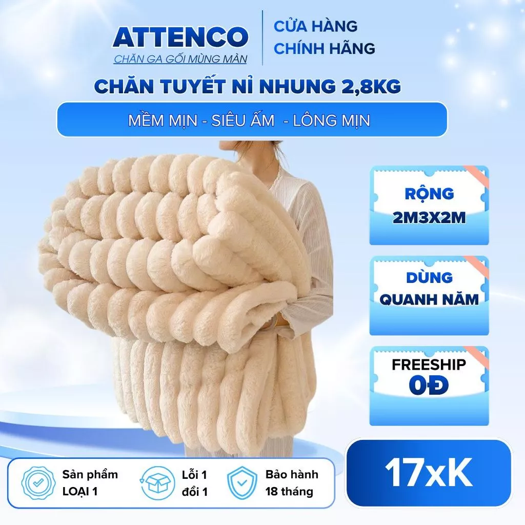 Chăn Nỉ Nhung Lông Thỏ 2m3x2m Nặng 2,8kg Siêu Mềm Mịn Dày Dặn Ấm Áp –Nhung Tuyết Trơn Hàn Quốc Basic – ATTENCO Bedding