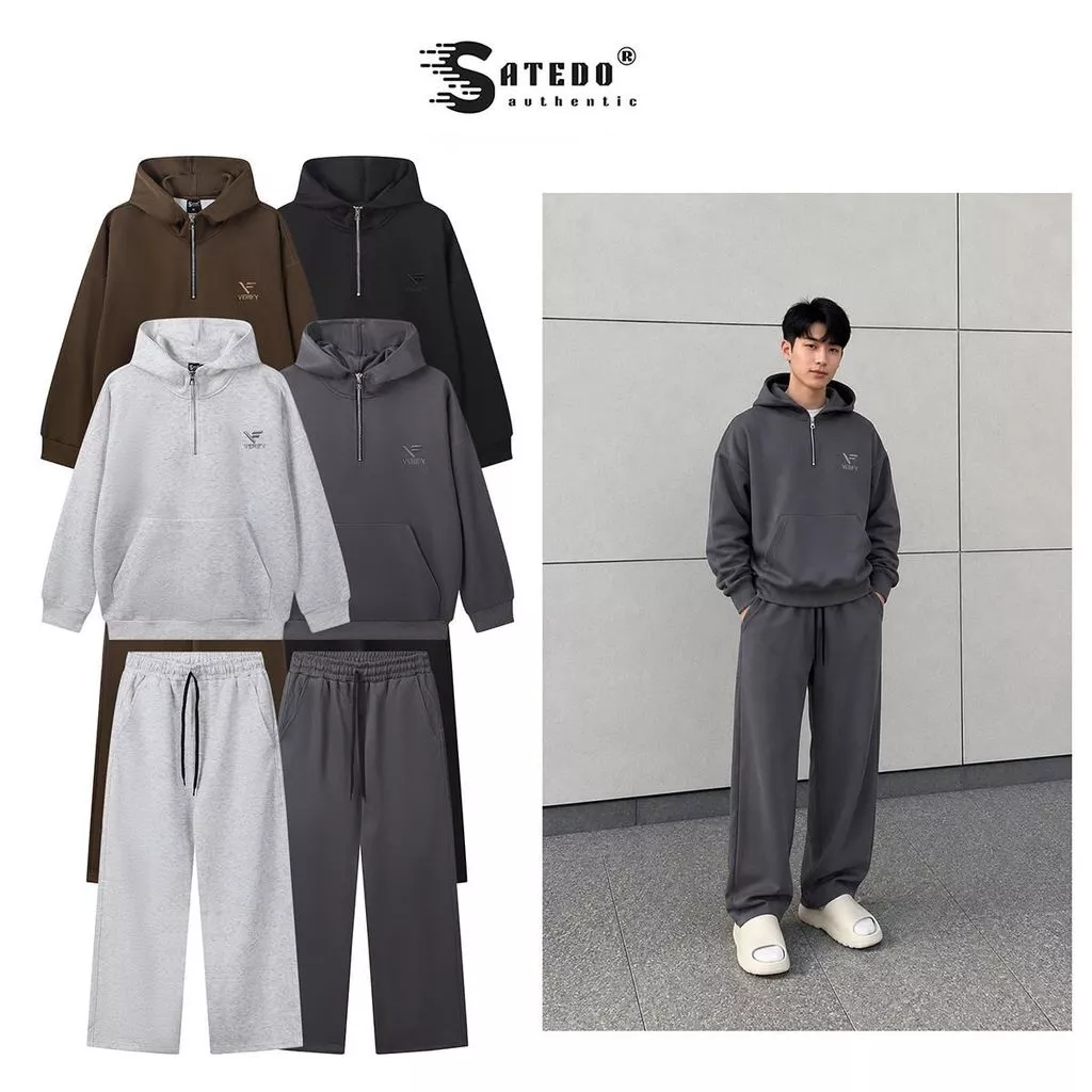 Set Bộ Nam SATEDO Hoodie Vải Nỉ Hai Da, Khóa Kéo Cổ, Quần Dài Form Rộng Basic Thể Thao, Phong Cách Hàn Quốc, Mã SP:BD111