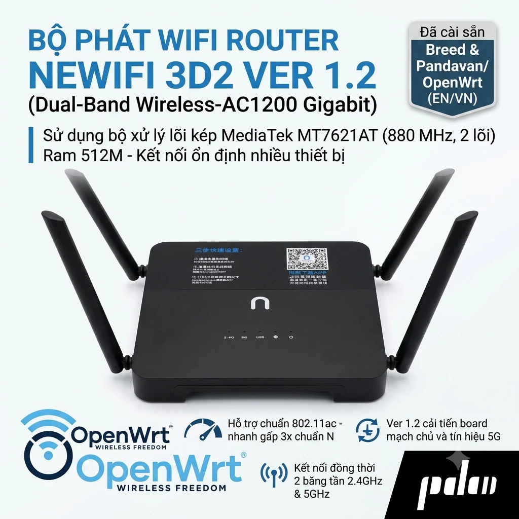Bộ phát wifi Router Newifi 3D2 Ver 1.2 (Dual-Band Wireless-AC1200 Gigabit) - hàng cũ dùng ngon