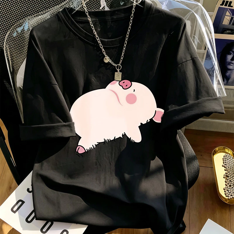 Áo Thun Nữ Màu Đen In Hình Heo Con Đang Ngủ, Phong Cách Thời Trang Dễ Phối Đồ, Chất Cotton Mềm Mại, Form Rộng.