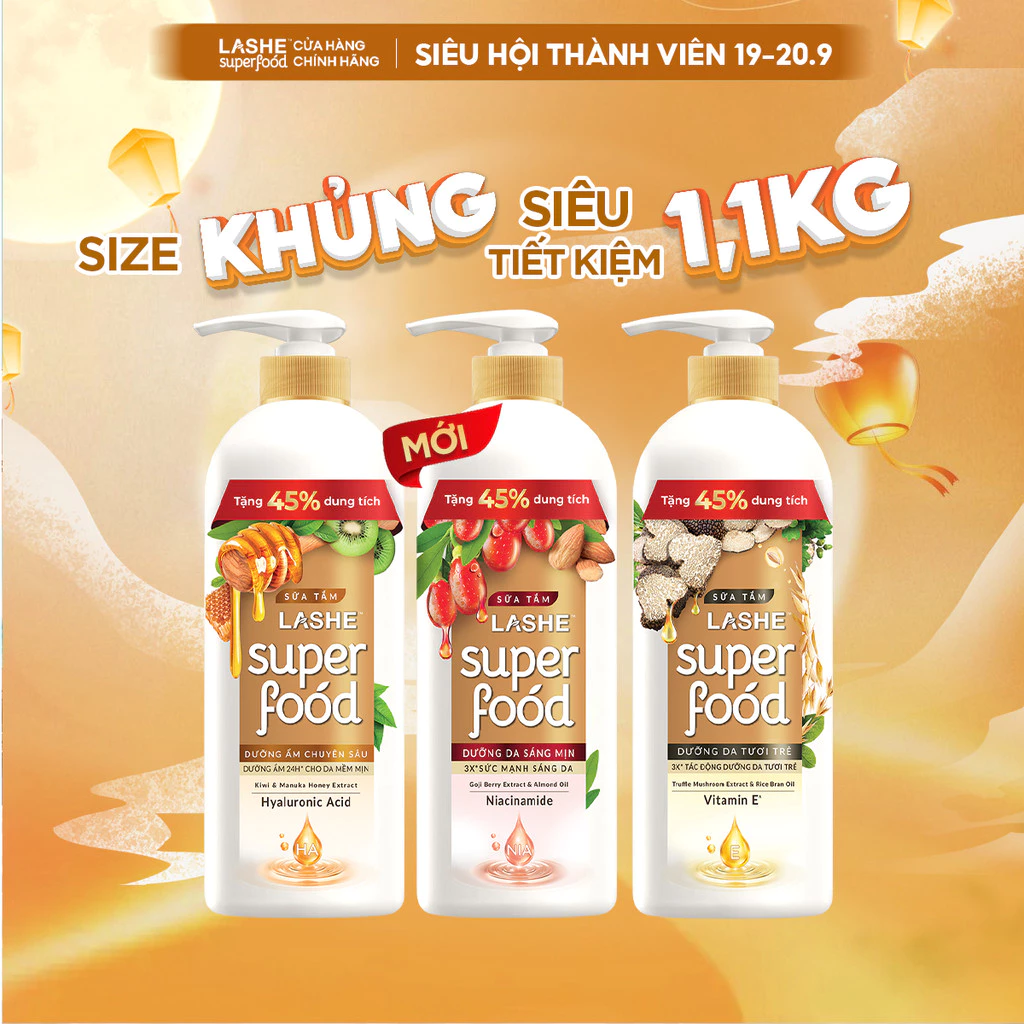 [MỚI - TẶNG 45% DUNG TÍCH] Sữa Tắm LASHE SUPERFOOD Dưỡng Da Sáng Mịn / Dưỡng Ẩm Chuyên Sâu / Dưỡng Da Tươi Trẻ 1.1KG