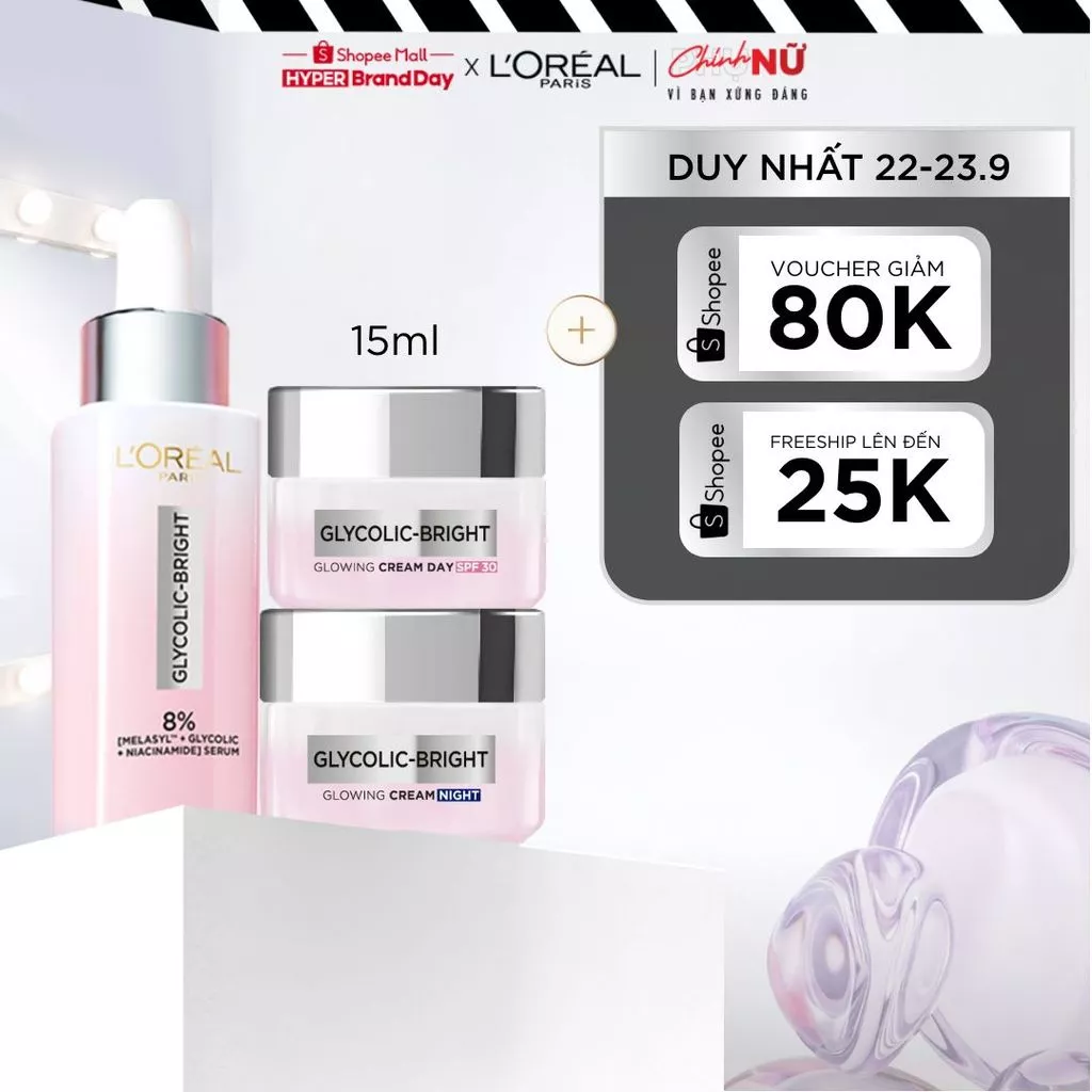 Bộ Serum Glycolic Melasyl 8% [Melasyl+Glycolic+Niacinamide] 30ml & Kem dưỡng ngày đêm mờ thâm nám L'Oreal Paris Glycolic