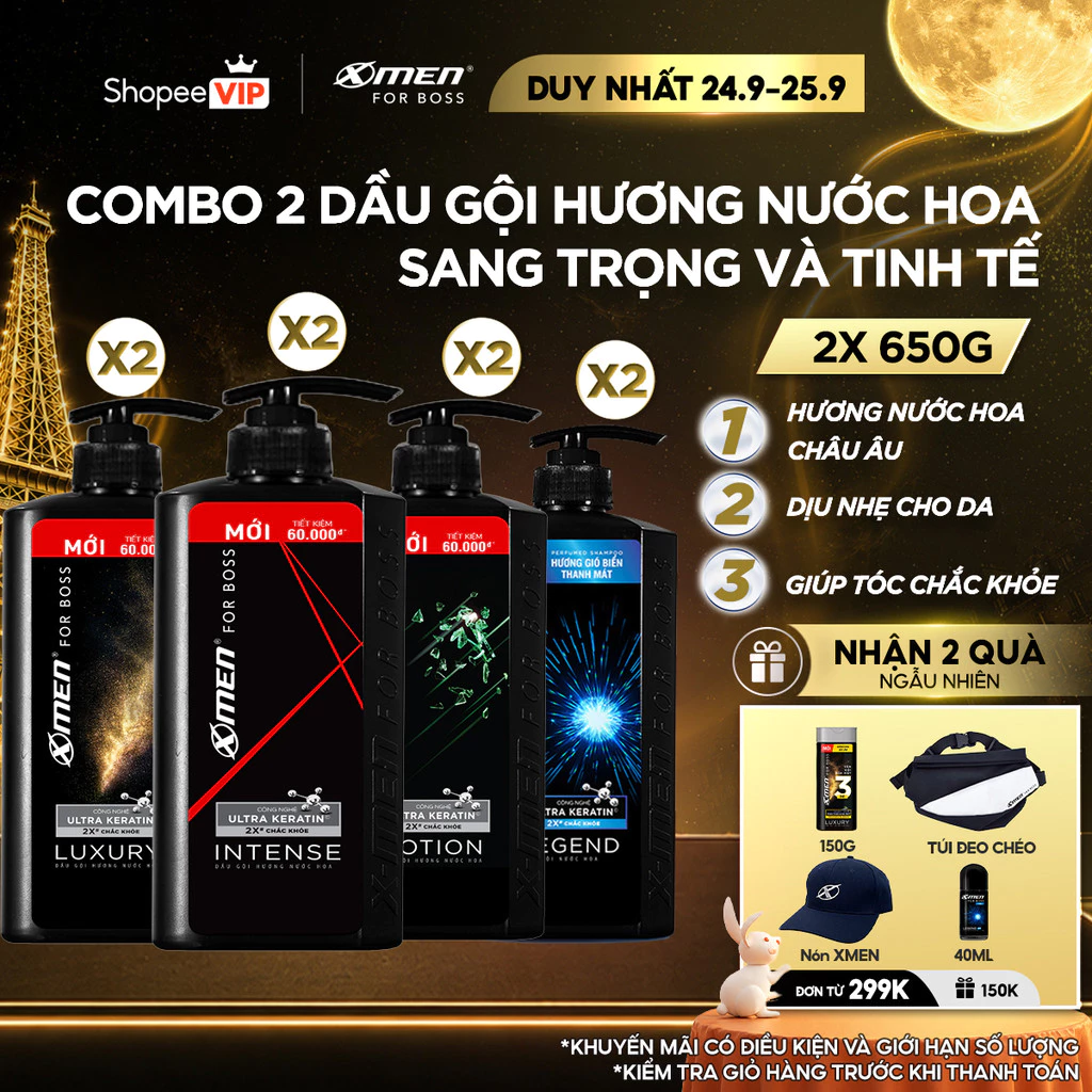 [SVIP] Combo 2 Dầu Gội Nam XMen for Boss 650g/chai Hương Nước Hoa Châu Âu-4 Mùi Hương Sang Trọng