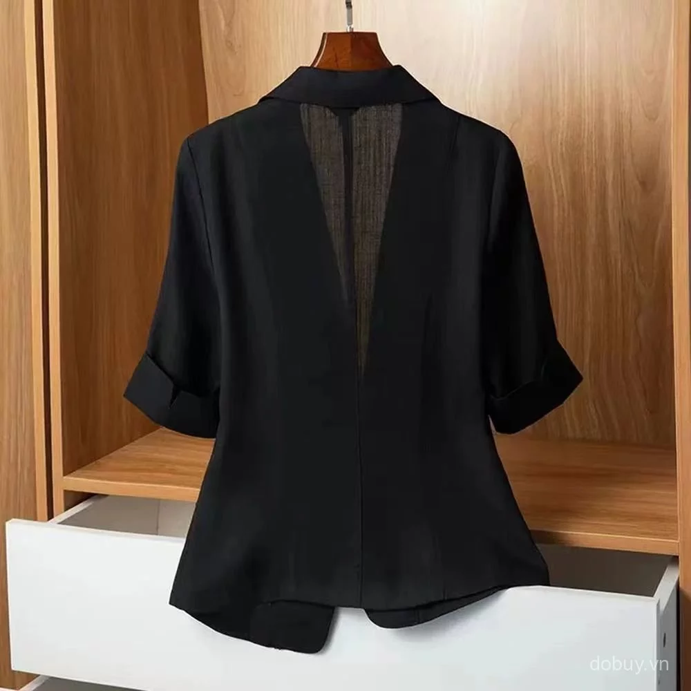 Giao hàng nội địa từ Việt Nam Áo khoác ngắn tay pha trộn vải lanh nữ, có ve áo Nút đơn Slim Fit Nhẹ Áo khoác công sở thông thường