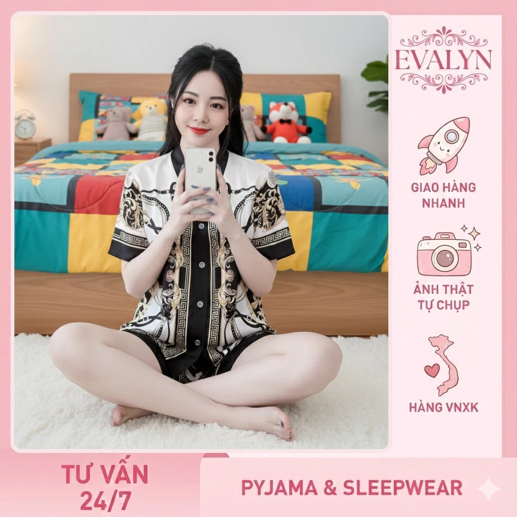 Bộ Ngủ Nữ Họa Tiết Cung Đình - Pijama Lụa Tay Ngắn Quần Cộc Thanh Lịch Mát Mẻ Full Size B47965