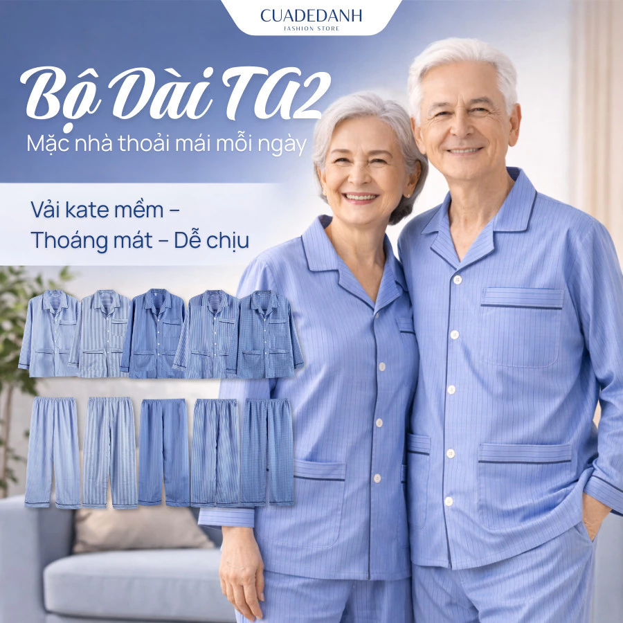 Pijama Dài Tay Vải Kate Nam Nữ Trung Niên - Bộ Đồ Kẻ Sọc Thoáng Mát Mặc Nhà B13253