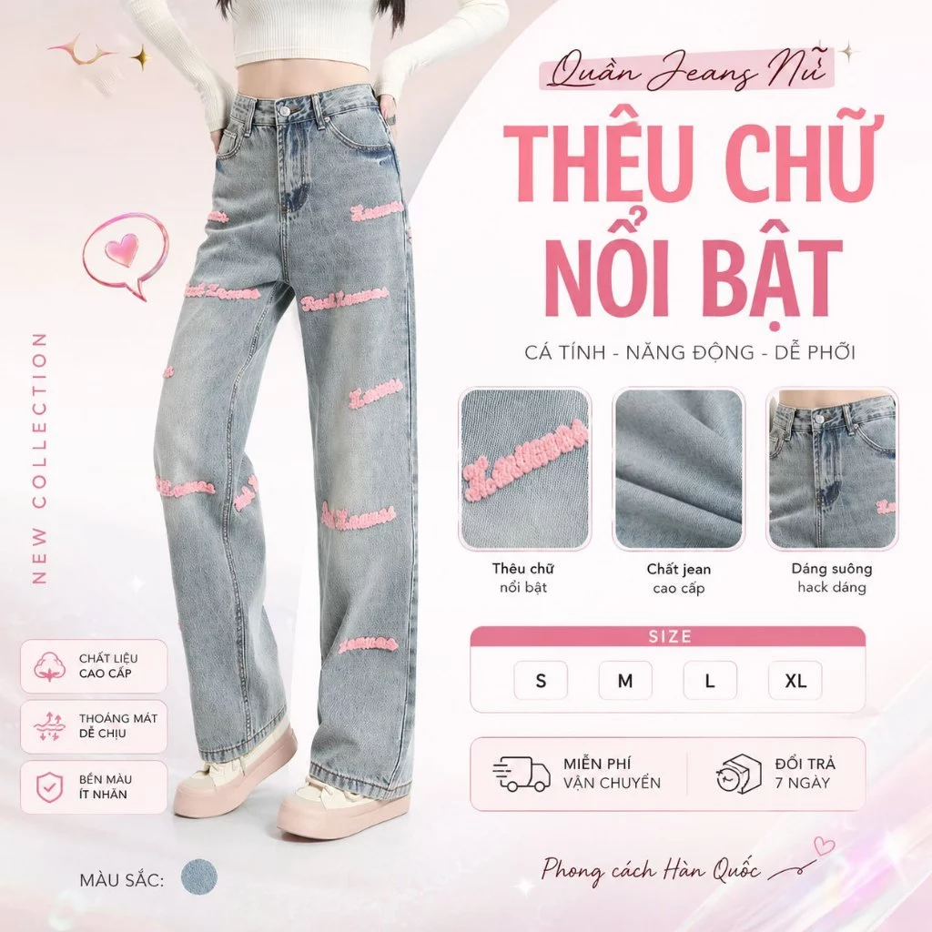 Quần Jean Nữ Ống Suông Thiết Kế Thêu Chữ Cá Tính, Độc Đáo Zouma Fashion